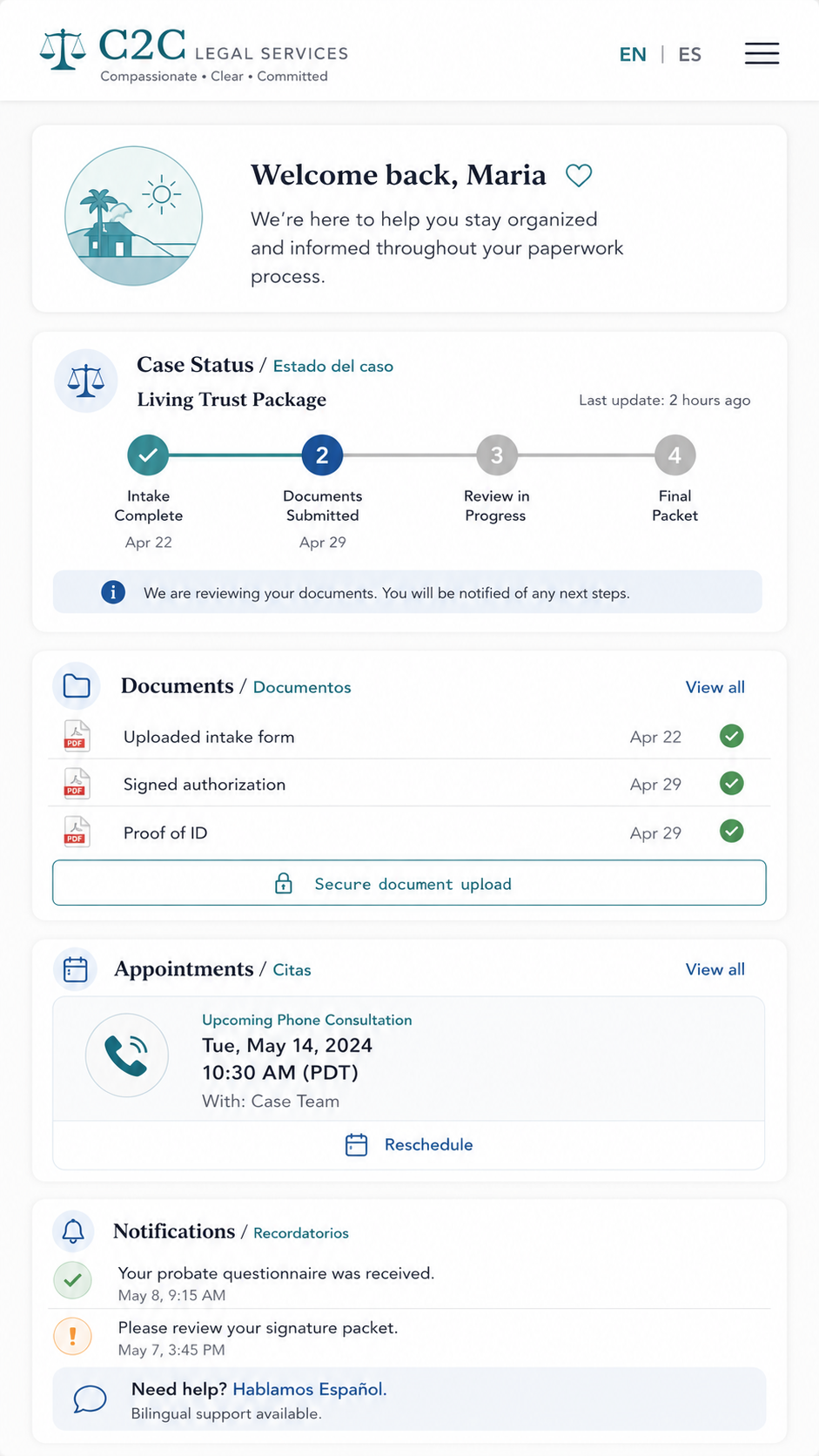 C2C client portal preview — case status, documents, appointments, and notifications